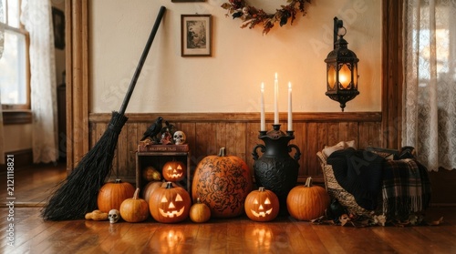 Rustic Room Floor Setup With Witch Broom