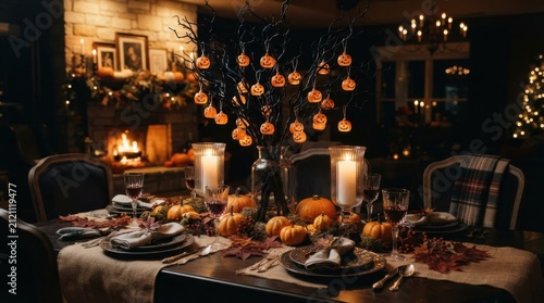 Warm Evening Banquet Table Decorated For Fall