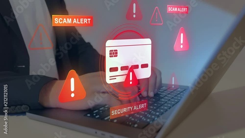 Financial scam concept showing bank card fraud,  phishing and online payment risk. Security alert, data protection.