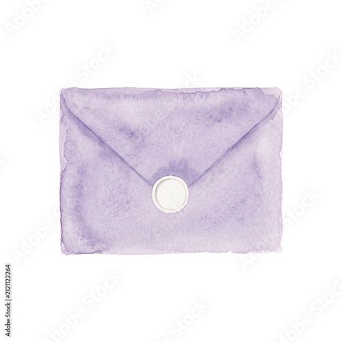 A hand painted purple watercolor envelope with a white wax seal isolated on white background.