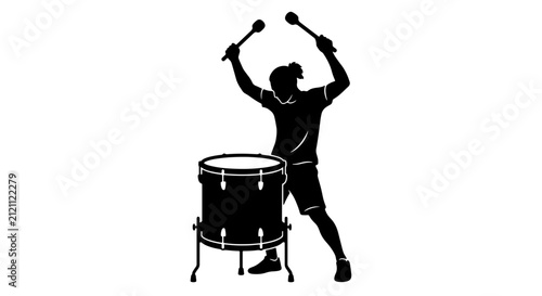 Obraz na płótnie Drummer Silhouette Vector, Musician Playing Bass Drum with Sticks, Rhythmic Perf