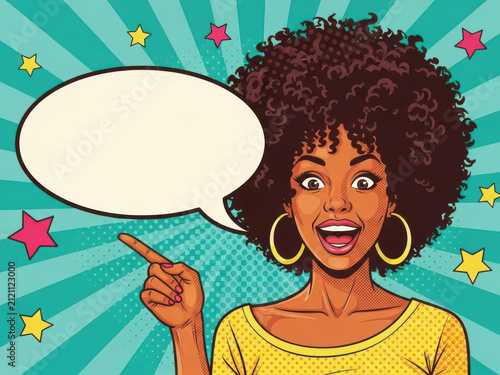 Excited black woman pointing at empty speech bubble in retro pop art style