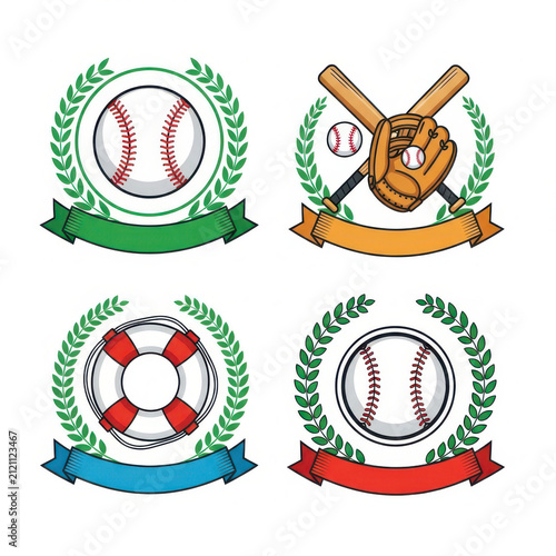 Set of four baseball sports emblems with balls bats gloves and colorful ribbons