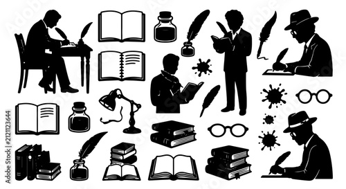 Vintage Writing Set, Silhouette Icons: Quill Pens, Inkwells, Books, Scholars, Desk Lamp, Glasses, Retro Education & Literature Elements