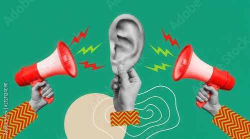 Retro 3d magazine collage image of a listening ear and bullhorn announcement isolated on a green color background