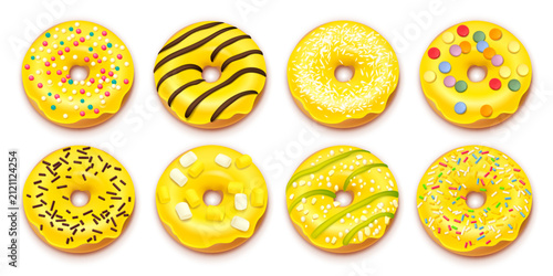 Collection of yellow donuts sprinkles sugar glaze, marshmallows and chopped nuts. Fast food isolated on a white background. Realistic style. 