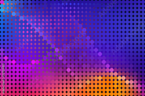 A vibrant digital mosaic pattern made of small round dots arranged in a matrix grid, forming a glowing cosmic gradient from deep blue to neon pink.