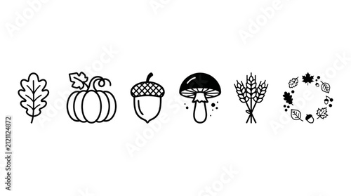 Autumn harvest icons depict seasonal symbols including leaves, pumpkins, acorns, mushrooms, wheat, and a festive wreath to celebrate the changing colors and bounty of the fall season.