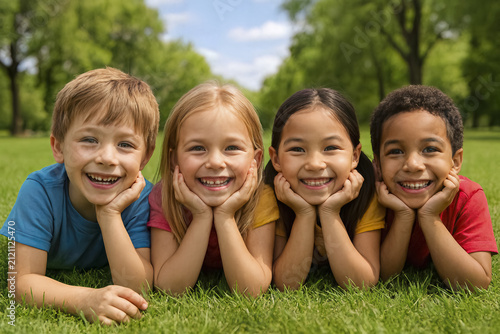 Four smiling children lie on green grass in a park. They represent different ethnic backgrounds. AI generated