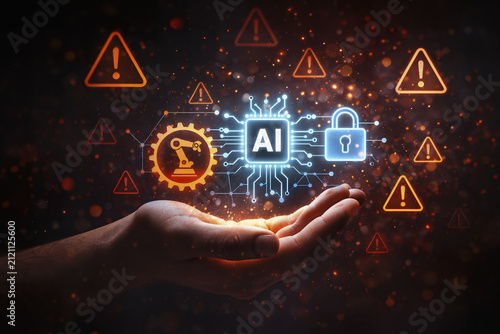 Mechanical arm and lock icons glow. Warning signs fill space. AI generated
