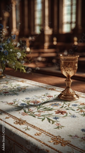 Golden chalice on decorative floral embroidered altar cloth inside dimly lit traditional church with blurred pews in background
