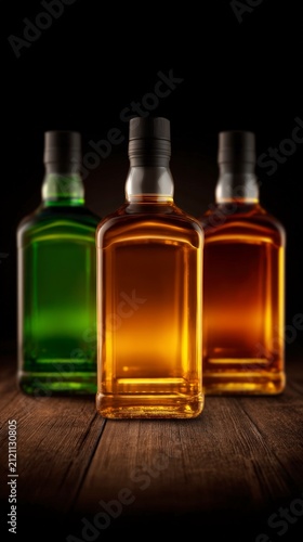 Three glass bottles filled with amber and green liquid standing on rustic dark wooden surface against black background