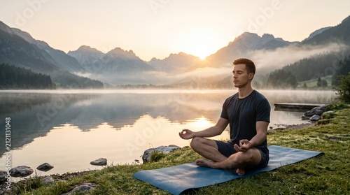 Man meditating on yoga mat by serene lake at sunrise