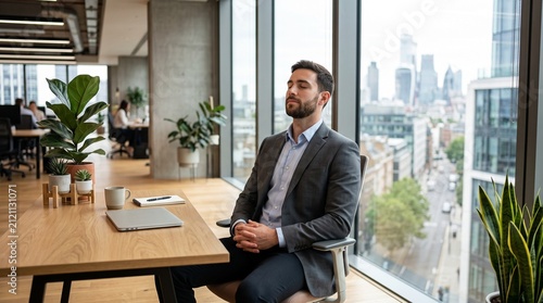 Businessman meditating in modern office with city view
