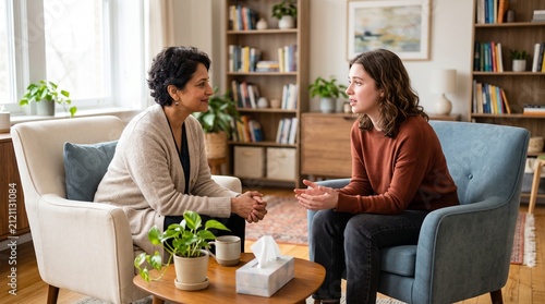 Two women having a conversation in a cozy living room with a therapist