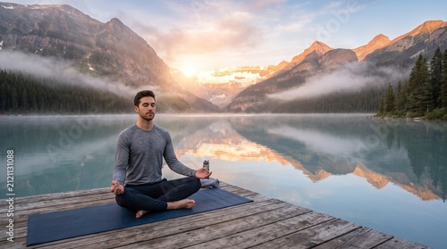 Man meditating on dock by serene lake at sunrise with mountains