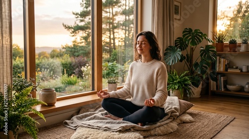 Woman meditating in a serene indoor garden at sunset