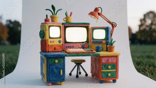 Claymation style computer desk setup. Miniature colorful workspace with retro monitors.