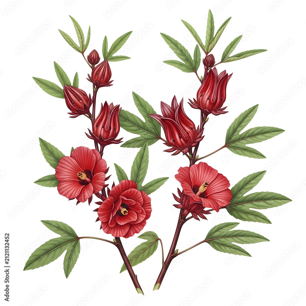 Fototapeta premium vintage botanical drawing of red roselle hibiscus flowers and leaves