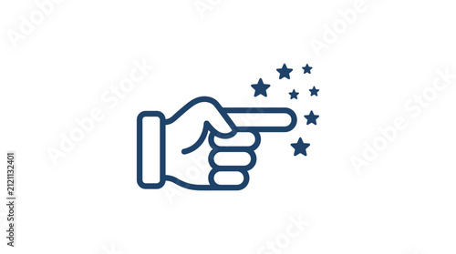 A simple graphic icon showing a hand pointing with sparkling stars