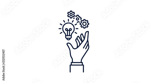 A minimalist line art illustration showing a hand holding a glowing lightbulb and mechanical gears