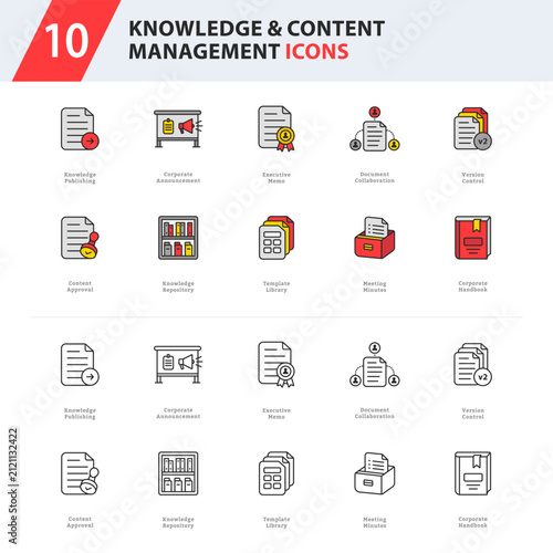 knowledge and content management icon collection featuring publishing, collaboration, document governance, repositories, templates, and corporate documentation.
