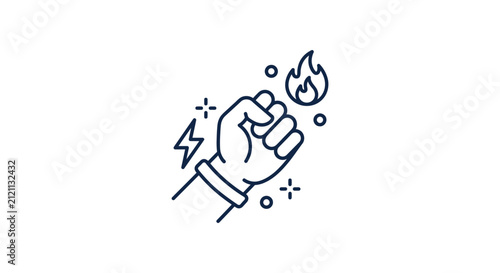 A minimalist line art icon showing a clenched fist with fire and lightning symbols