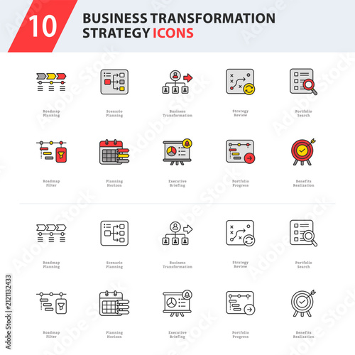 business transformation strategy icon collection featuring roadmap planning, transformation management, executive reporting, portfolio tracking, and benefits realization.
