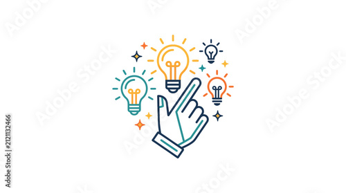 A stylized graphic illustration showing a hand pointing toward several glowing light bulbs
