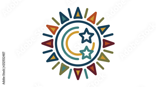A colorful circular graphic design featuring geometric shapes and stars