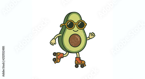 A happy cartoon avocado character wearing sunglasses and roller skates