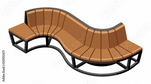 Modern curved park bench vector illustration with wooden seat and metal frame