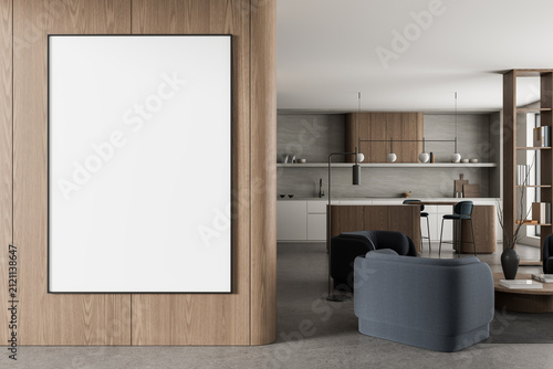 Contemporary open-plan kitchen and living room interior with wood paneling, framed artwork, refined furnishings, and architectural styling. 3D Rendering