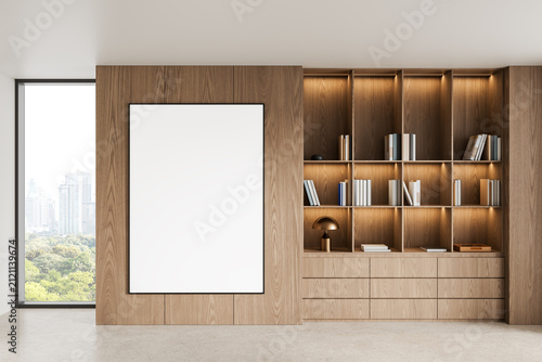 Minimal interior wall poster mockup in warm wooden room with illuminated shelving, modern decor, and bright window view composition. 3D Rendering