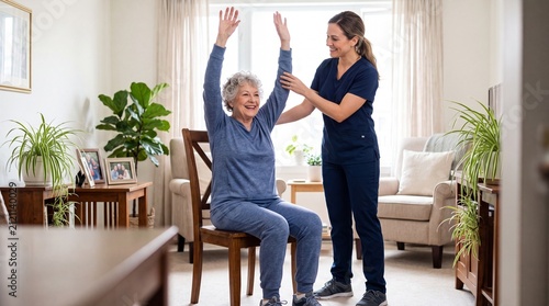 A caregiver assists an elderly woman with arm exercises in a cozy living room, promoting health and well-being.