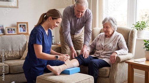 A caregiver assists an elderly woman with her leg injury at home, accompanied by a supportive family member.