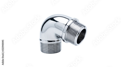Pipe fitting made of polished chrome connects two sections of plumbing in a residential water system.