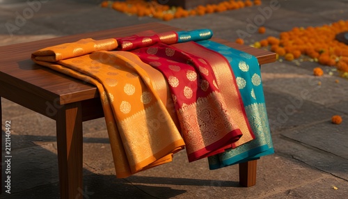 Vibrant colors of traditional saris neatly displayed on a wooden table for Rath Yatra festival celebration concept with festive marigold decorations outdoors