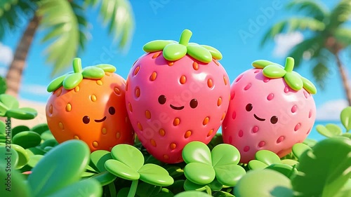 Three cute strawberry dolls in tropical grass