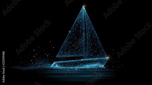 A glowing digital representation of a sailing vessel navigates through a dark expanse.