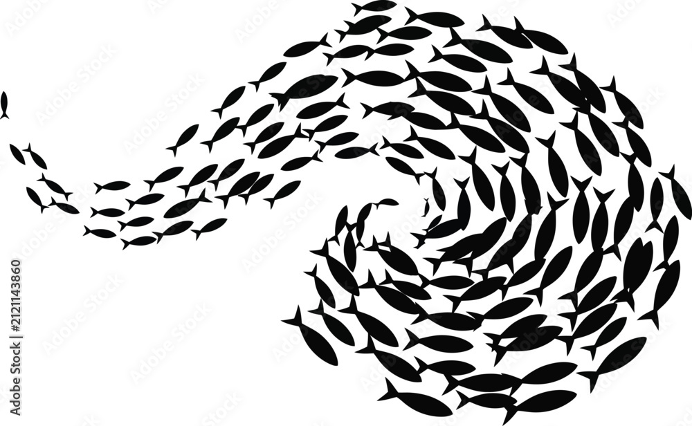 Fototapeta premium School of black fish swimming in spiral shape