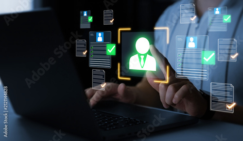 Business interview process with corporate team analyzing job applications, comparing candidates, and selecting qualified professionals for employment opportunities and company growth.	
