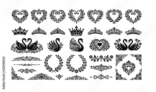 Obraz na plátně Black silhouette vector set of decorative heart shapes crowns swans and floral o