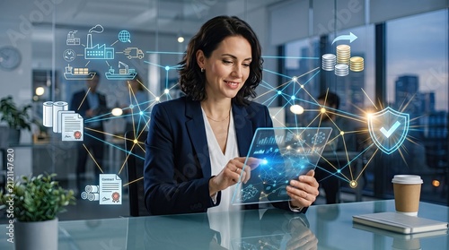 A professional woman engages with digital technology in a modern office, showcasing innovation and connectivity.