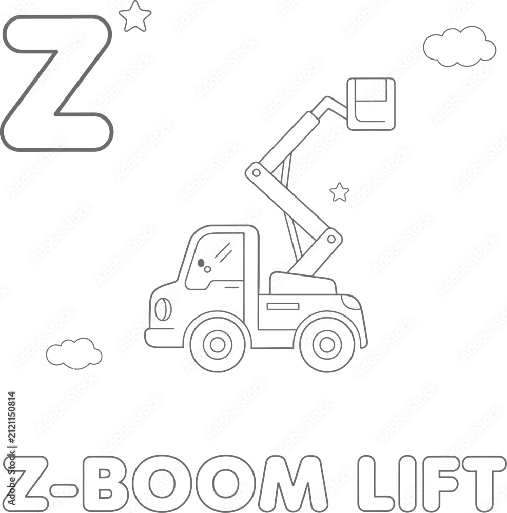 Naklejka premium Cute letter Z coloring sheet featuring a boom lift construction vehicle for young children learning alphabet