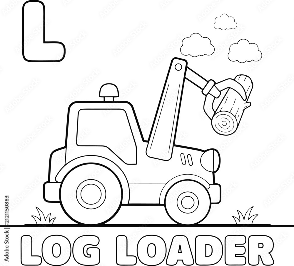 Naklejka premium Cute log loader coloring page for kids featuring letter L and large readable uppercase text