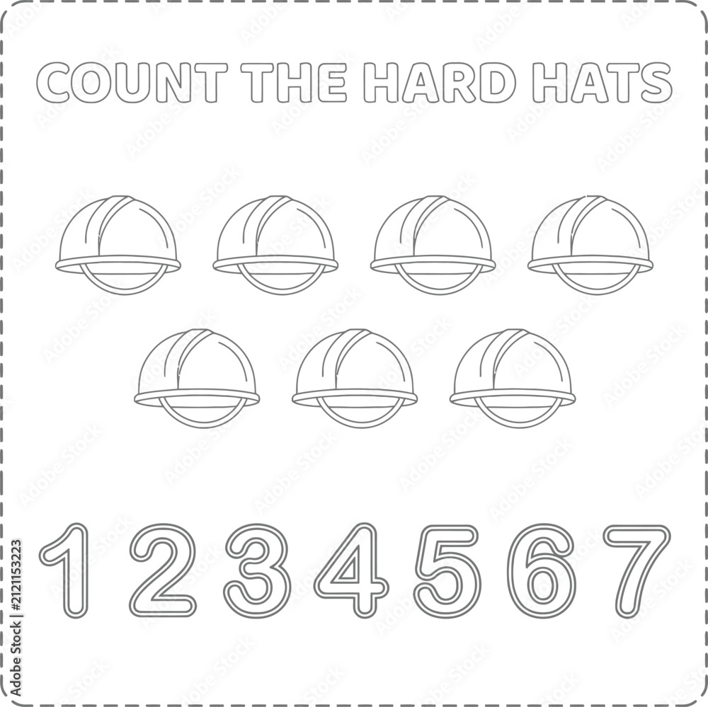 Fototapeta premium Educational counting activity page for young children featuring hard hats and numbers to practice basic math