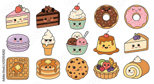 Cute Dessert Collection Kawaii Retro Vector Isolated on White Background