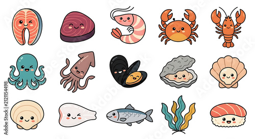 Cute Seafood Collection Kawaii Retro Vector Isolated on White Background