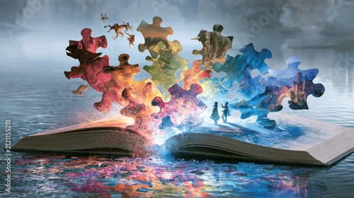 Open book releases colorful puzzle pieces with scenes of imagination.